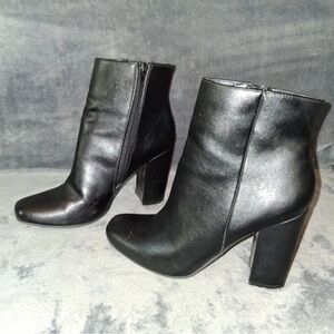 BAMBOO Black Leather-Look Chunky Heel Ankle Boots